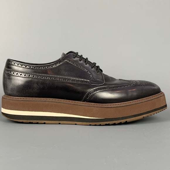 PRADA Black & Brown Perforated Leather Platform Lace Up Shoes - Picture 1 of 8